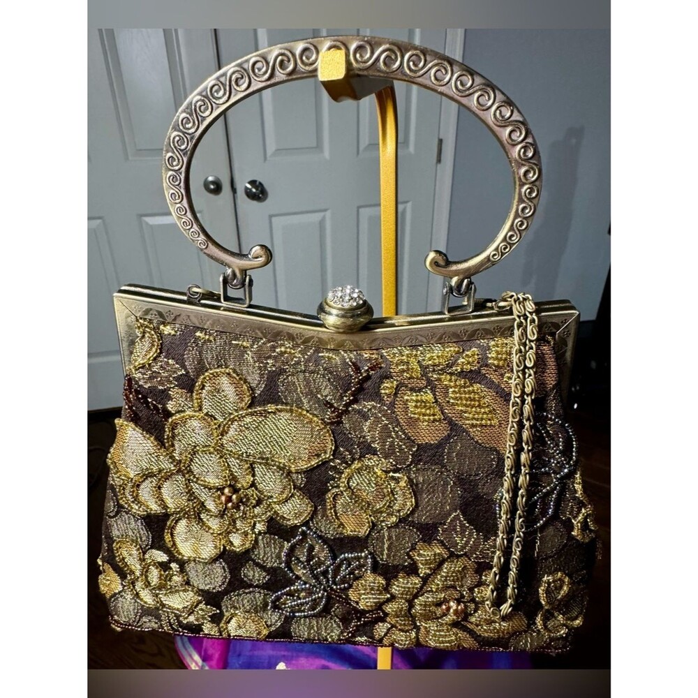 Vintage Style Gold Beaded Brocade Floral Frame Bag Top Handle